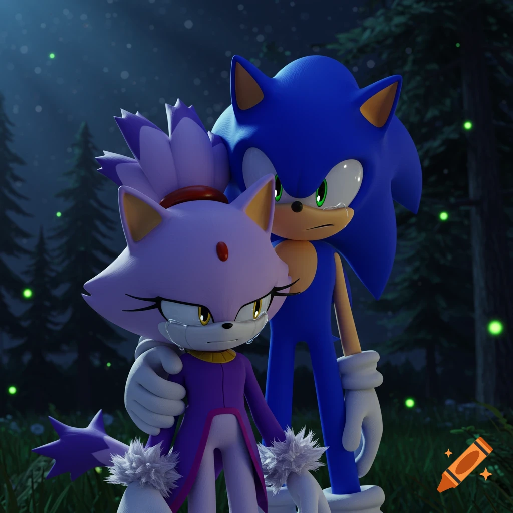 3D animated Sonic the Hedgehog comforts a crying Blaze the Cat with his arm around her in a dark forest at night.