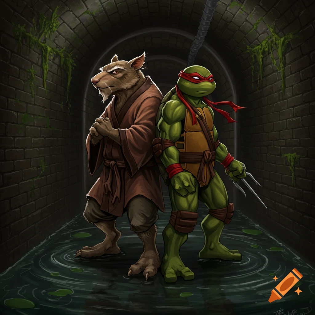Master Splinter and Raphael stand back to back in a dark sewer tunnel with brick walls and green moss, in a detailed cartoon style.