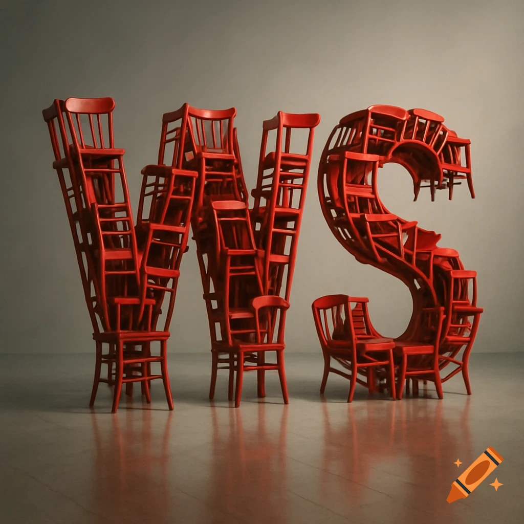 Letters WS made of stacked red chairs on a gray floor in a studio setting.