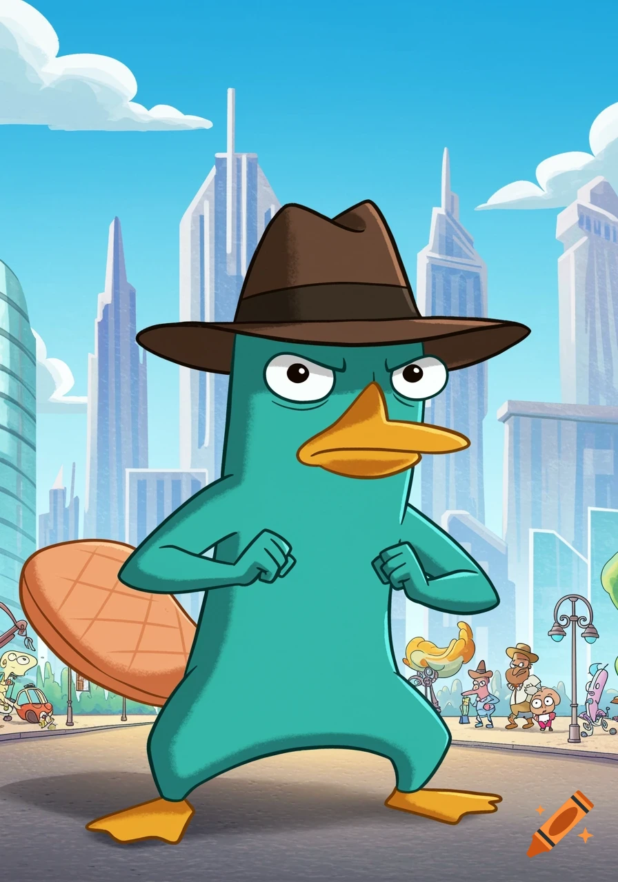 A cartoon teal platypus wearing a brown fedora stands in a city street, ready for action, in a bright, vibrant style.