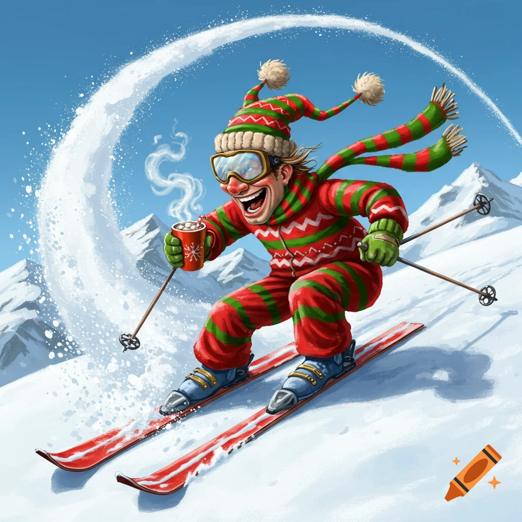 A funny, cartoon skier in a red and green striped suit and hat, wearing goggles, speeds down a snowy mountain while holding a steaming mug of hot chocolate.