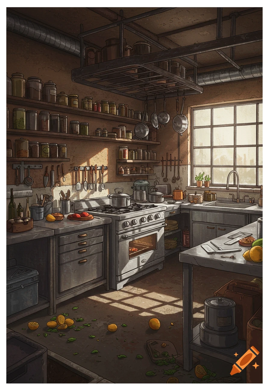 An illustration of an industrial-style kitchen bathed in sunlight, with shelves of jars, hanging pots, a stove, and sink.