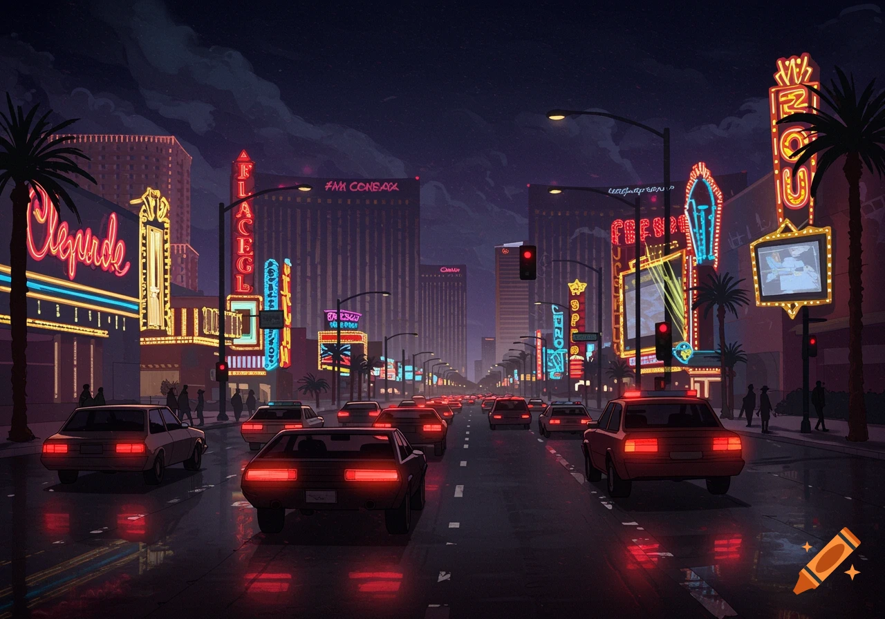 An animated night cityscape with vibrant neon signs illuminating buildings, palm trees, and a street filled with cars stopped at a red light.