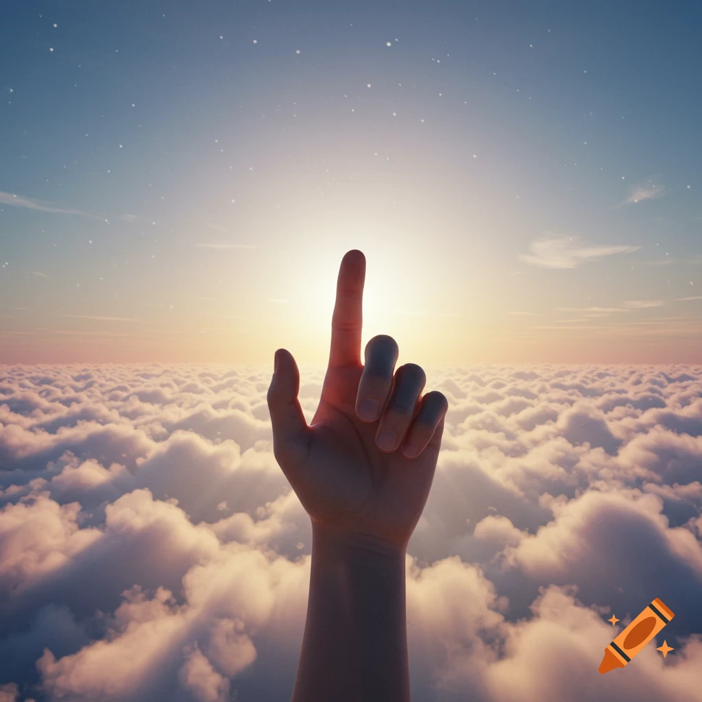 A hand with an index finger pointing upwards emerges from a sea of clouds towards a bright sunrise or sunset sky with faint stars.