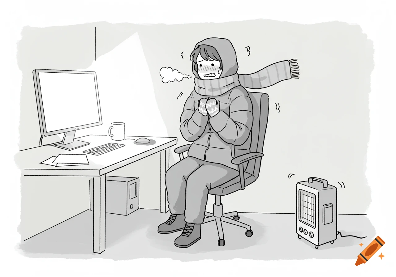 A black and white cartoon sketch shows a person bundled in a winter coat and scarf, shivering and blowing on their hands, while sitting at a desk in an office with a space heater nearby.