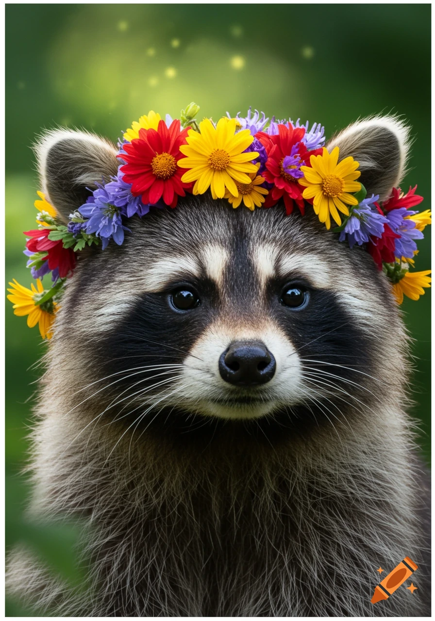 Close-up realistic portrait of a raccoon wearing a colorful flower crown against a soft green background.