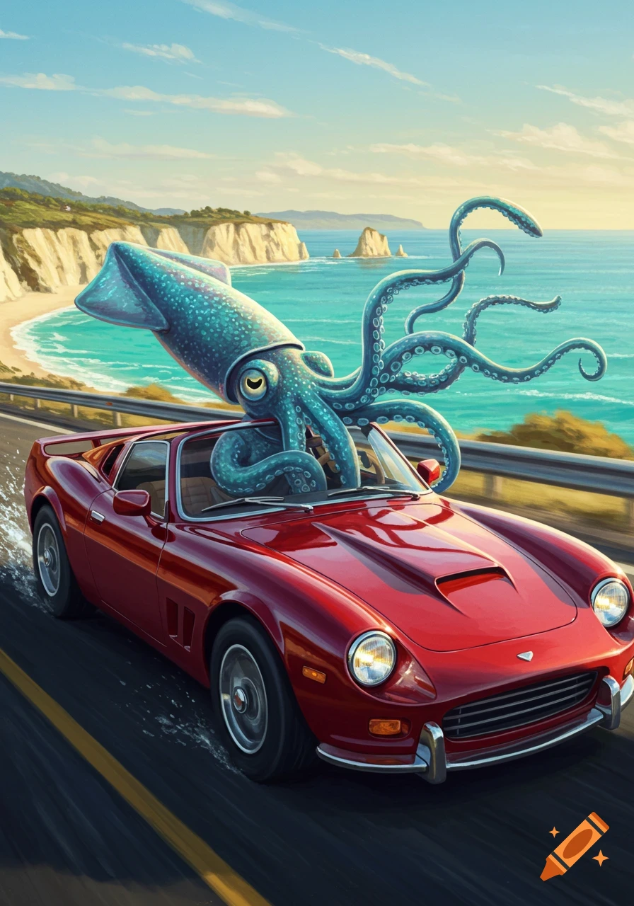 An illustrated turquoise squid with large eyes drives a red sports car along a sunny coastal highway next to ocean cliffs.