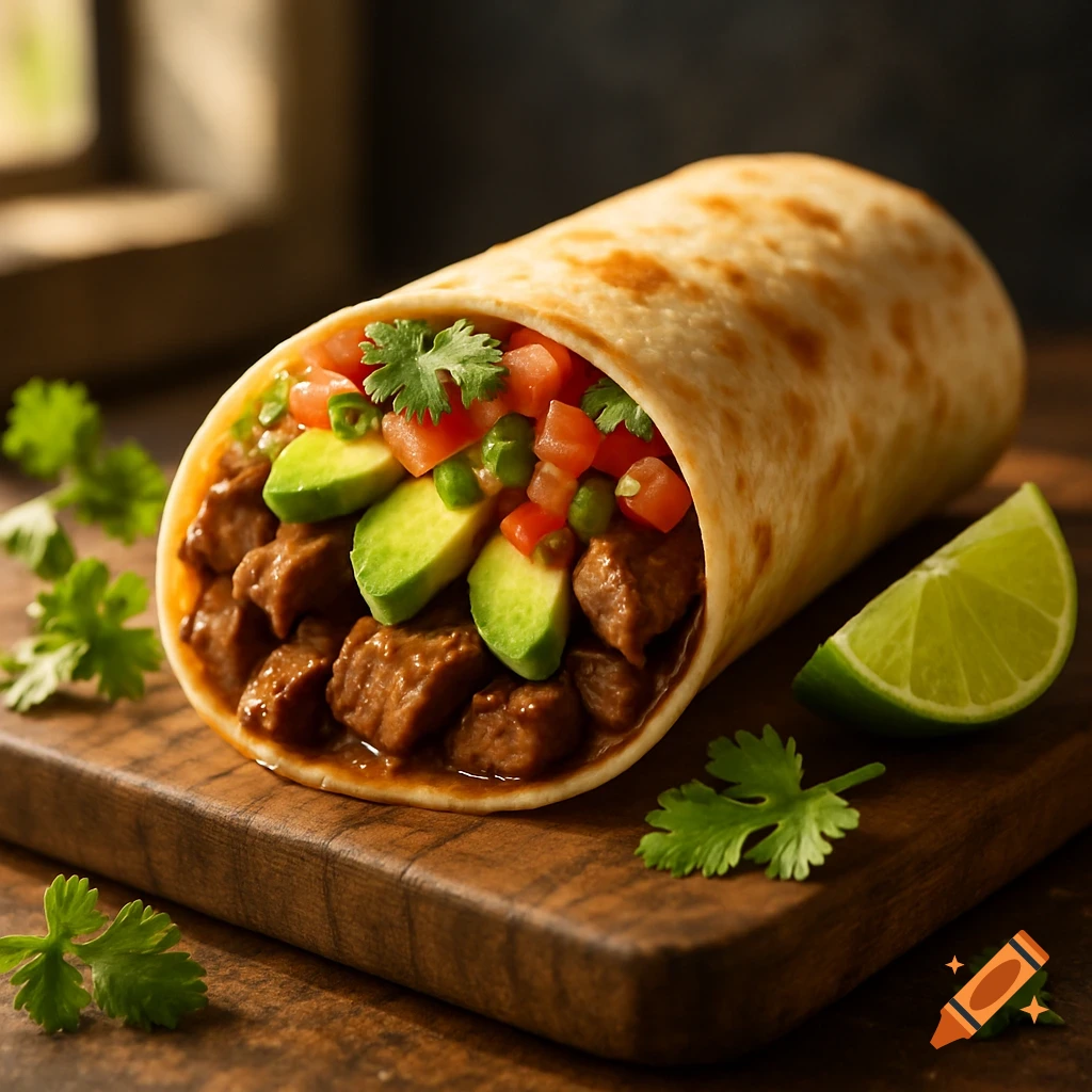 A close-up photorealistic steak burrito filled with avocado, salsa, and cilantro, served on a wooden board with a lime wedge.