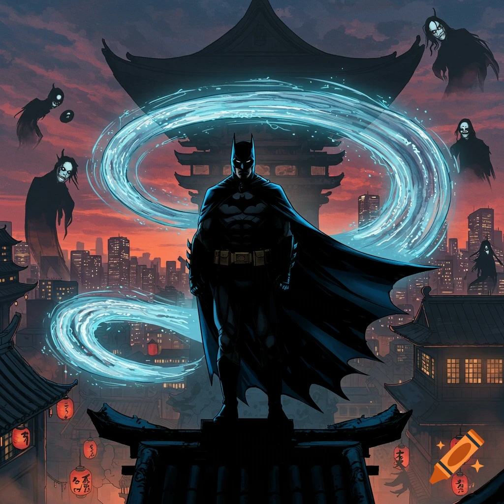 Batman stands on a rooftop in a stylized Japanese city at sunset, surrounded by ghostly figures and a glowing blue aura.
