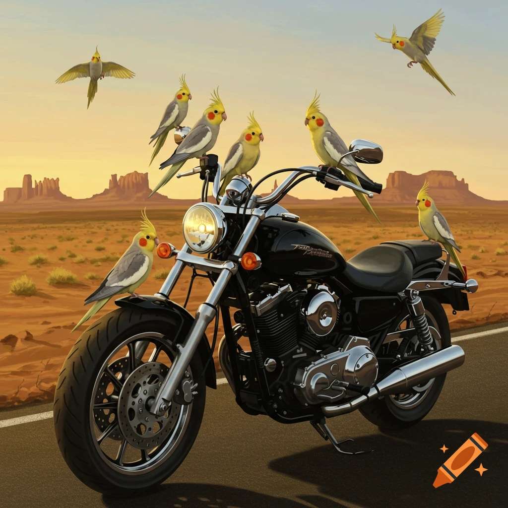 A photorealistic image of a black motorcycle parked on a desert road, covered with several cockatiel birds perched on its handlebars, seat, and fenders, with others flying nearby under a warm, sunset sky and distant mountains.