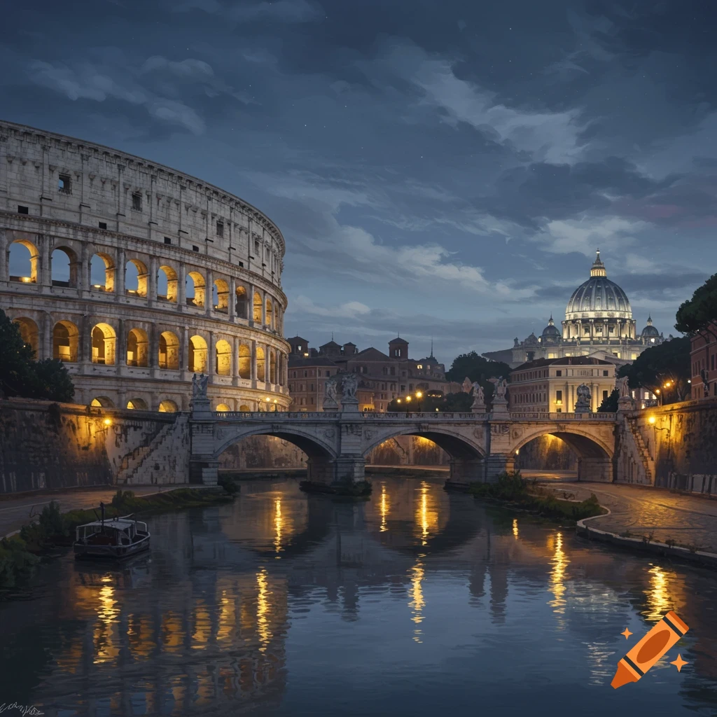 A photorealistic nighttime view of the Colosseum and St. Peter's Basilica over a river with bridge in Rome, lights reflecting in water.
