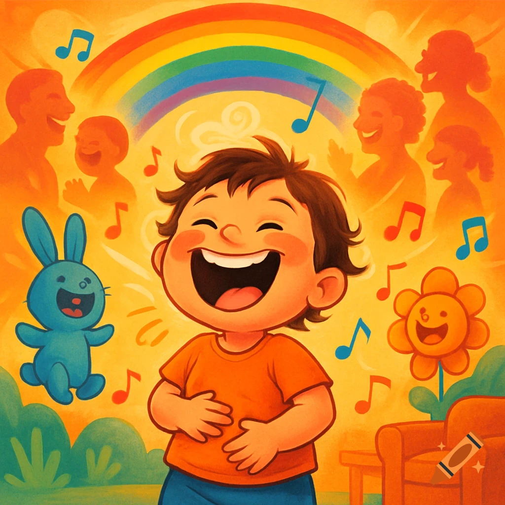 Cartoon of a joyful child laughing, surrounded by musical notes, a rainbow, smiling adult silhouettes, a blue bunny toy, and a happy flower.