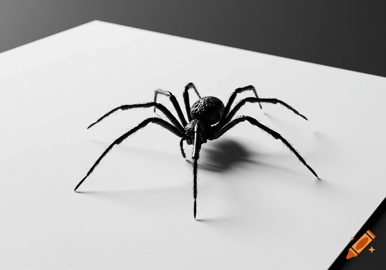 A black spider with long legs rests on a sheet of white paper in a black and white photorealistic style.