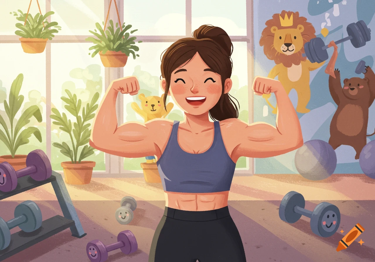 A smiling cartoon woman with strong arms flexing in a gym with cartoon animal wall decor and cheerful dumbbells, in a children's book style.