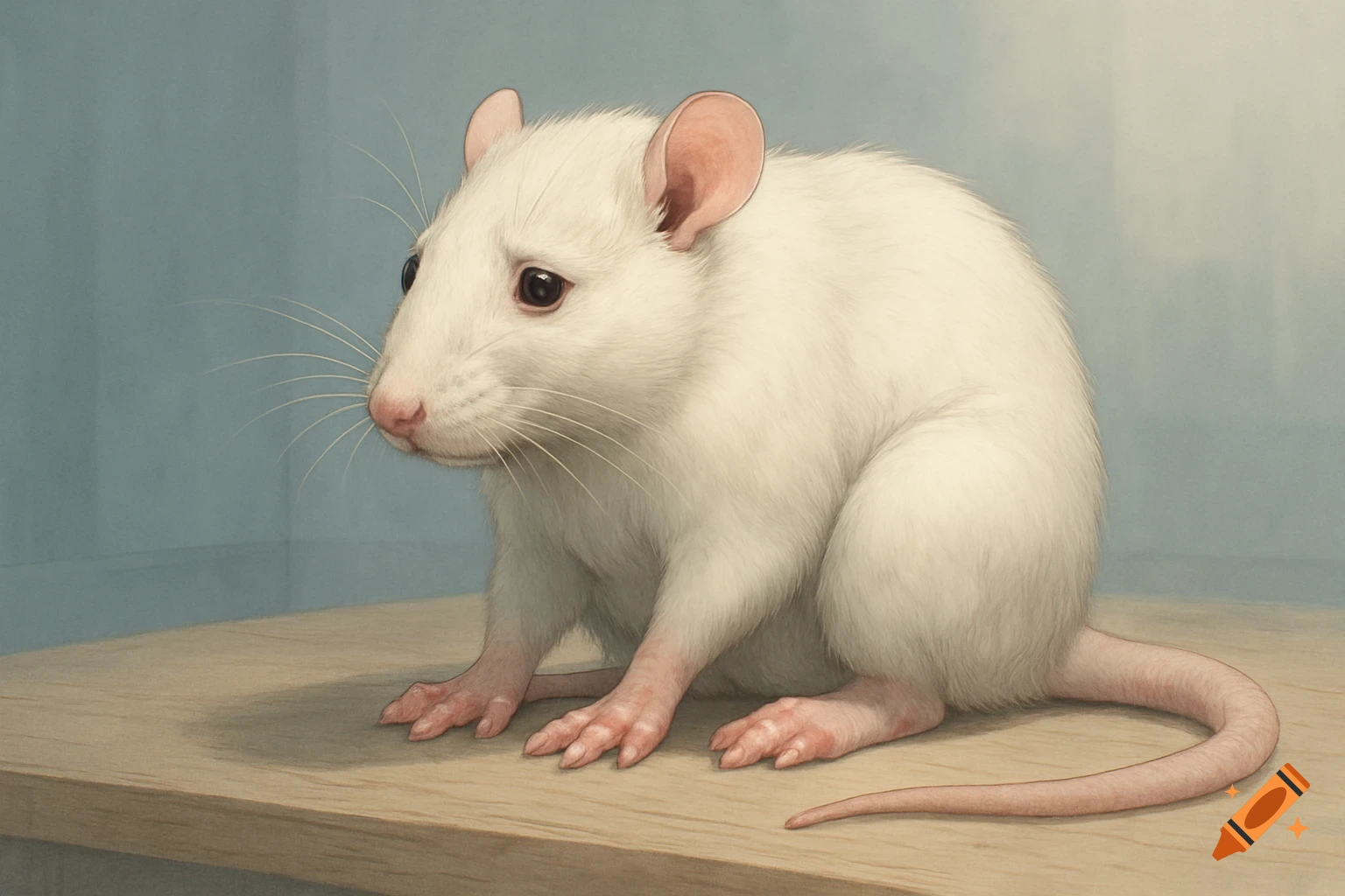A detailed illustration of a white laboratory rat with swollen toes and knee joints, sitting on a wooden surface.