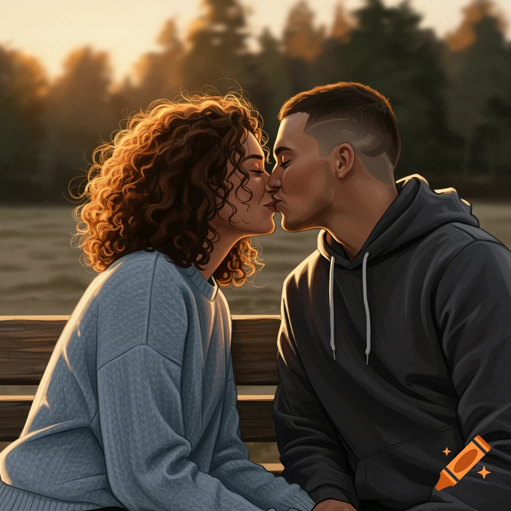 An illustration of a couple kissing on a bench outdoors at sunset.