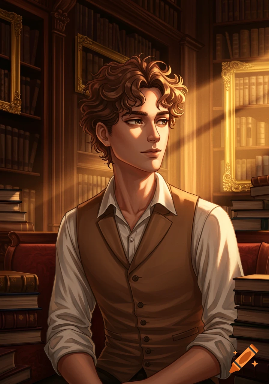 A young man with curly brown hair in a white shirt and brown vest sits in a sunlit library, in a semirealistic anime style.
