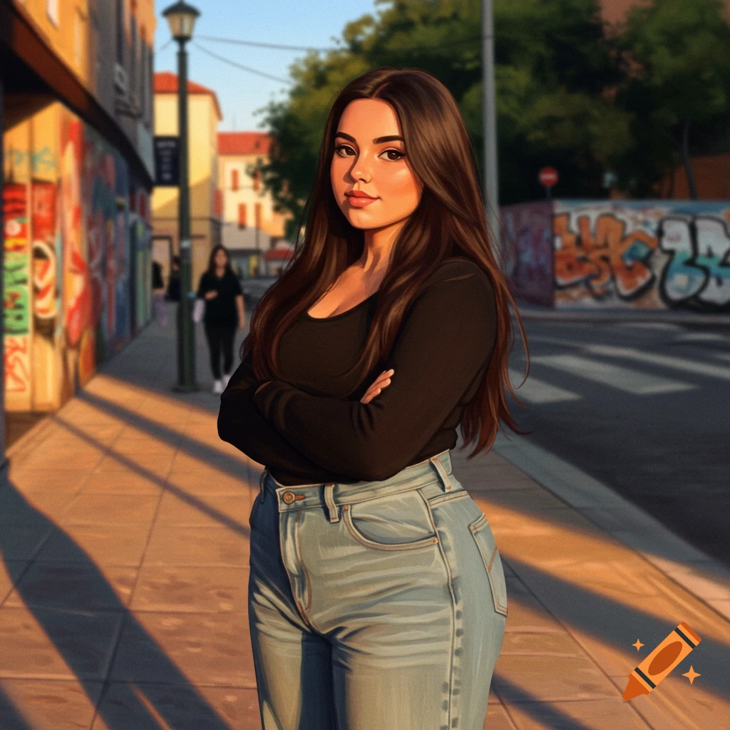 A young woman with long dark hair, wearing a black top and jeans, stands on a sunlit urban sidewalk with graffiti-covered walls.