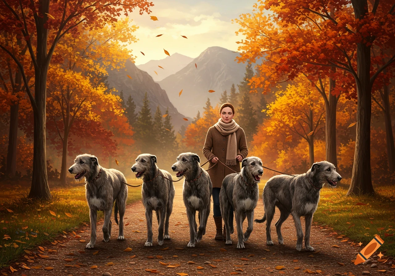 A woman walks five large grey dogs on leashes along a dirt path through a vibrant autumn forest with mountains in the background.