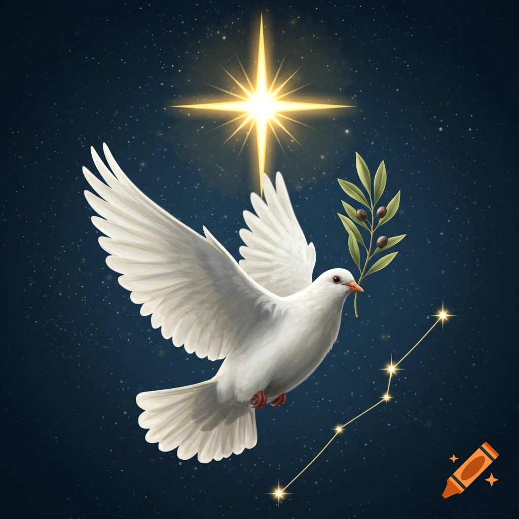A white dove with an olive branch in its beak flies against a dark blue starry sky with a bright yellow star and a constellation.