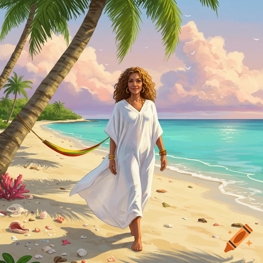 An illustration of a middle-aged woman in a white kaftan walking barefoot on a sandy tropical beach with palm trees, a hammock, and blue ocean.