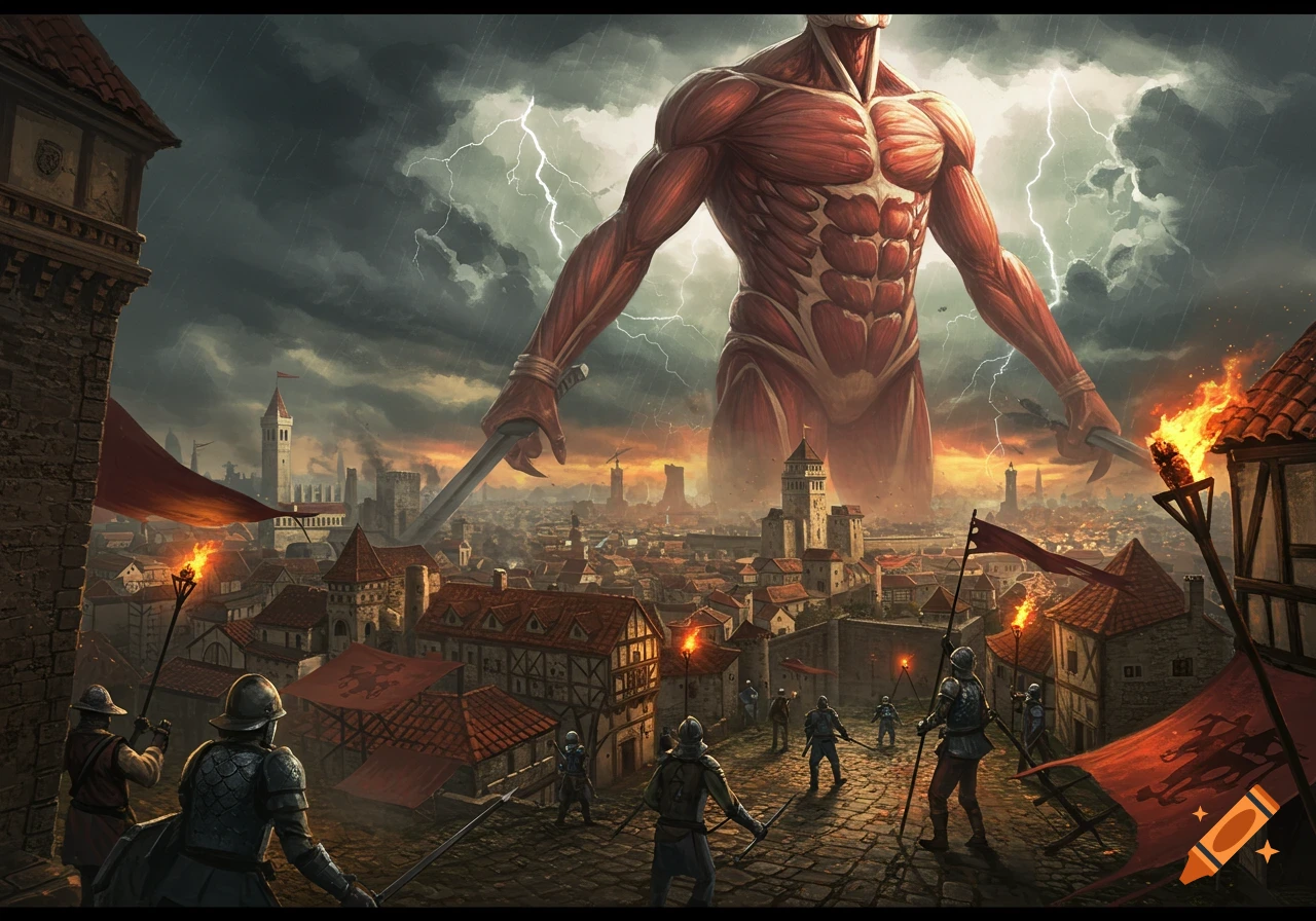 A colossal, skinless titan looms over a medieval city under a stormy, lightning-filled sky as small soldiers on rooftops prepare for battle.