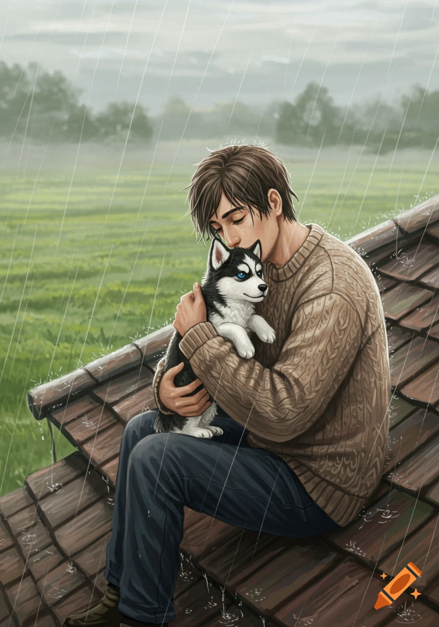 An illustration of a man sitting on a roof, cuddling a husky puppy during a rainy day, with a green field in the background.