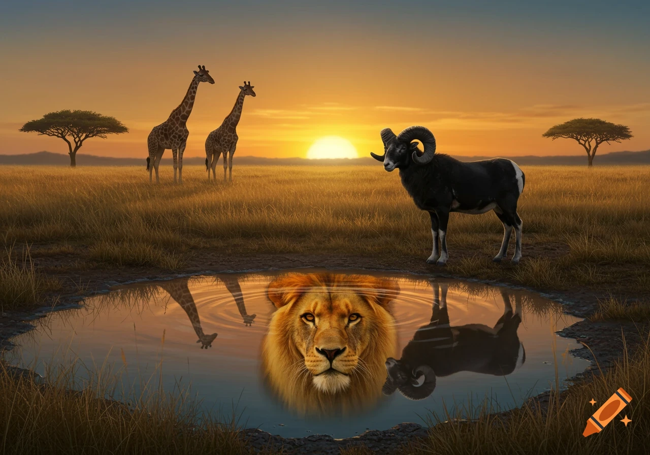 A black ram looks into a watering hole at sunset in an African safari. A lion's head is reflected in the water, with giraffes in the background.