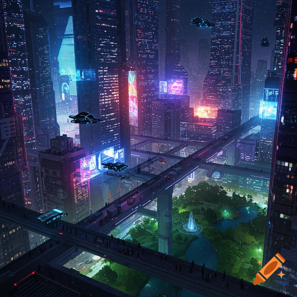 An aerial view of a vibrant, futuristic cityscape at night, with towering skyscrapers adorned with neon lights, elevated roads, and flying vehicles, all surrounding a lush, green park with a glowing fountain.