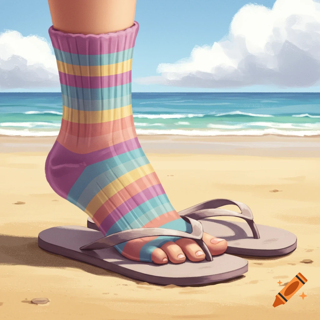 Illustrated foot in a colorful striped sock and flip-flop on a sandy beach with the ocean and sky in the background.