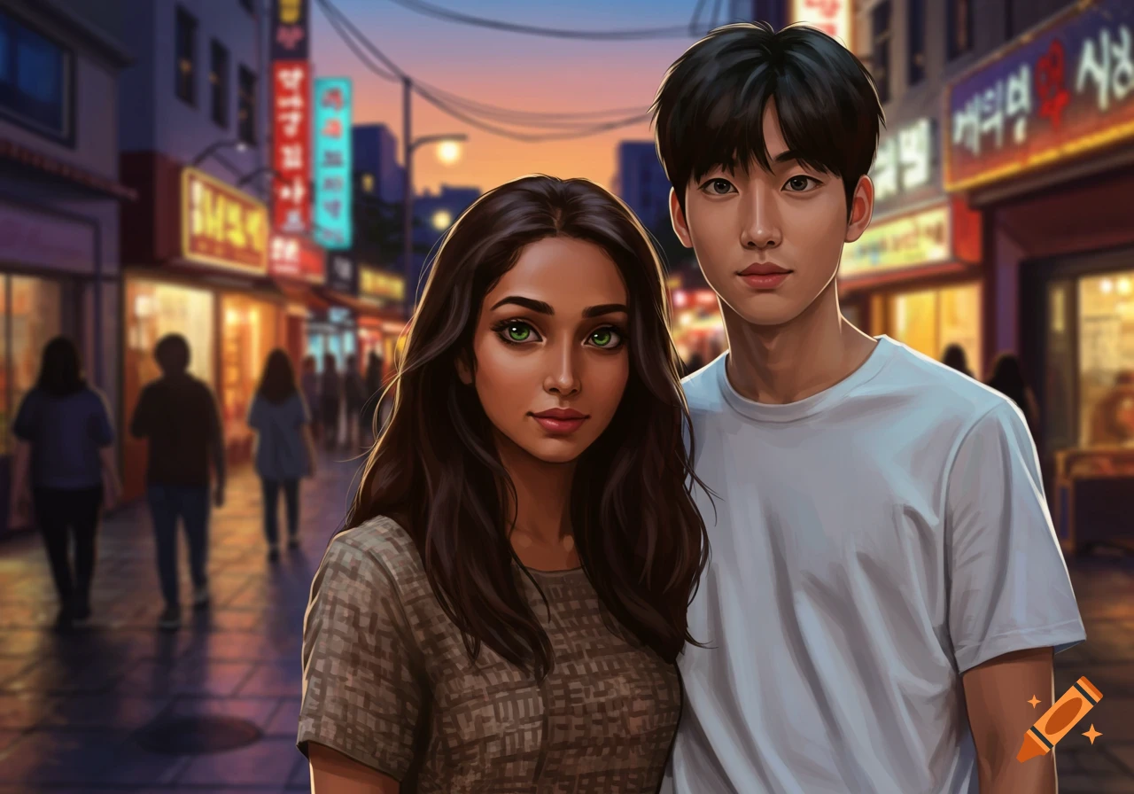 An illustration of an Indian woman with green eyes and dark hair standing next to a Korean man, on a city street at dusk with neon signs.