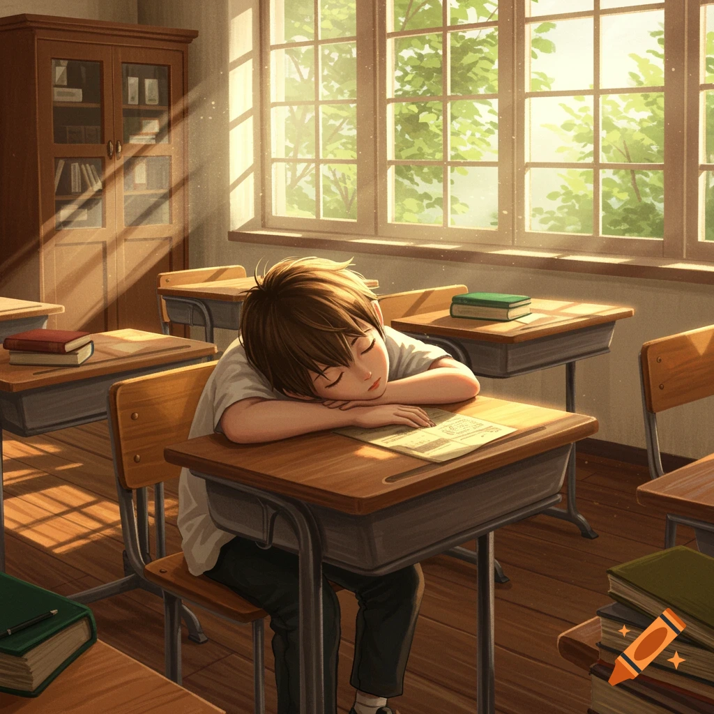 A boy with brown hair sleeps on his desk in a sunlit anime-style classroom.
