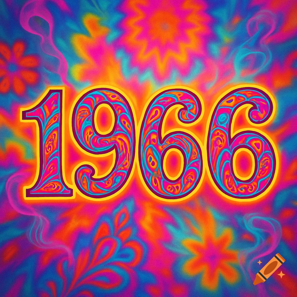 The number 1966 rendered in a vibrant, swirly psychedelic style with bright pink, orange, blue, and yellow colors.