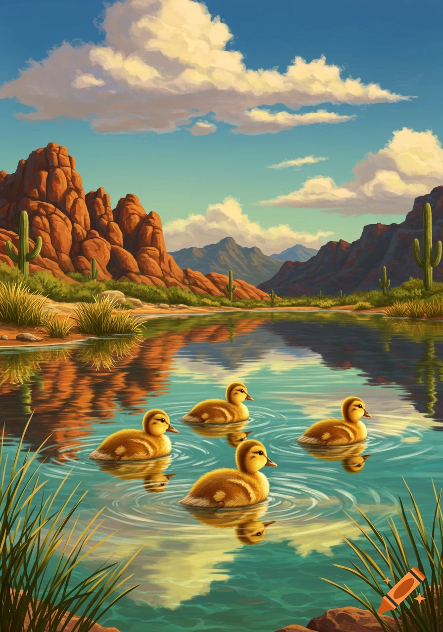 Four fluffy ducklings swim in a lake amidst red desert mountains and saguaro cacti, painted in a vibrant style.