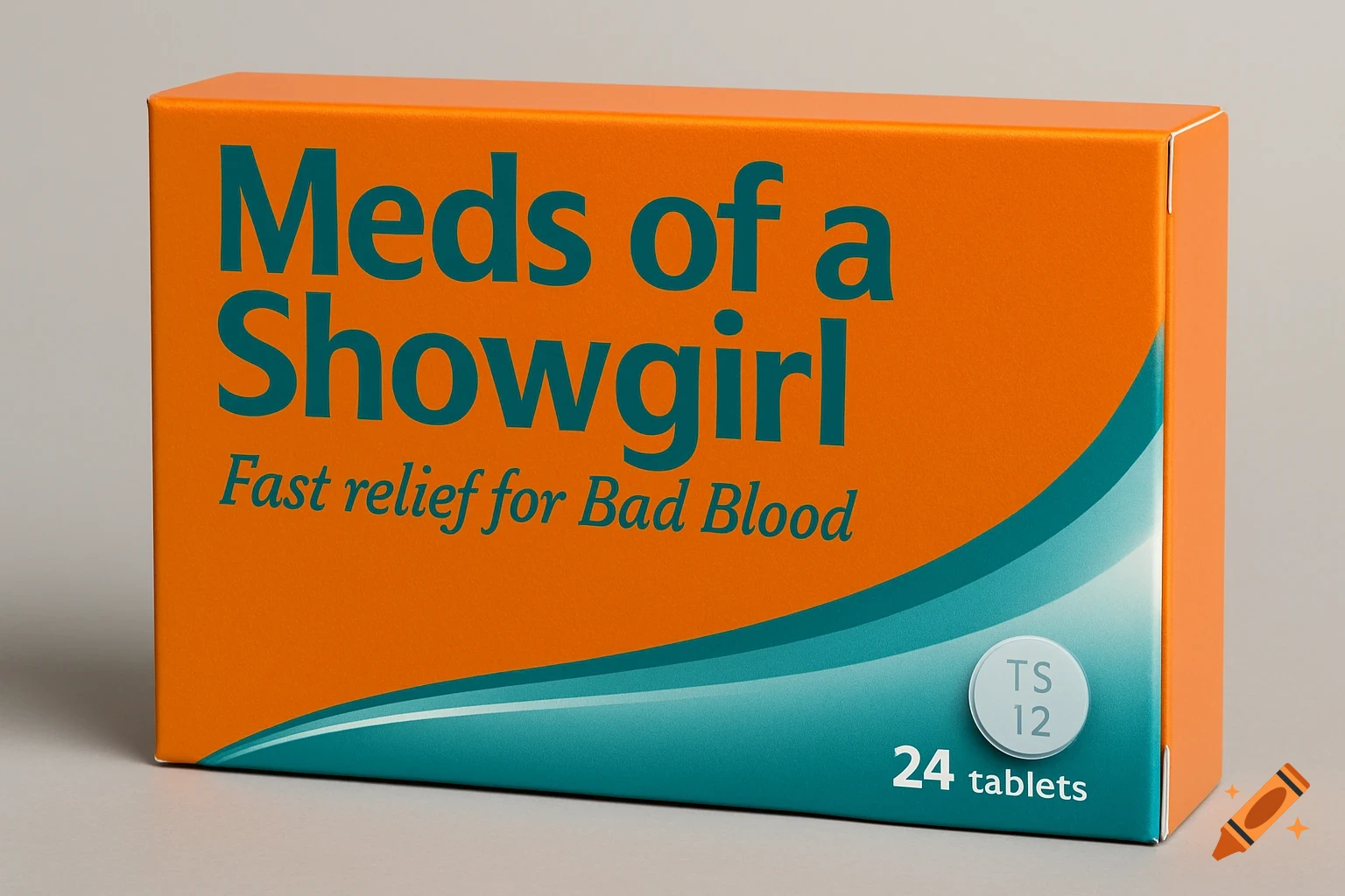 Photorealistic image of an orange medicine box labeled 'Meds of a Showgirl' and 'Fast relief for Bad Blood', with a teal gradient swoosh.