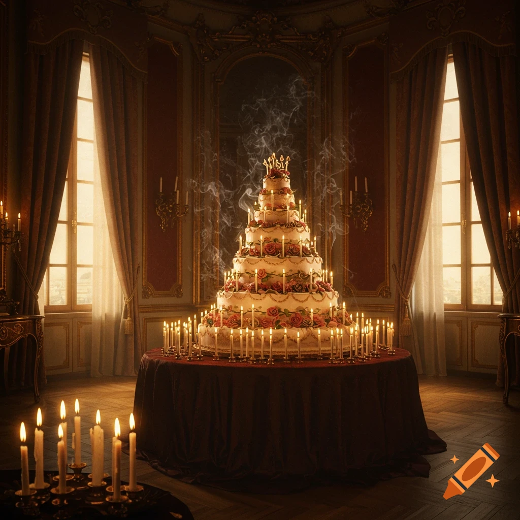 A grand, multi-tiered birthday cake adorned with roses and many lit candles, in an ornate 18th-century room.