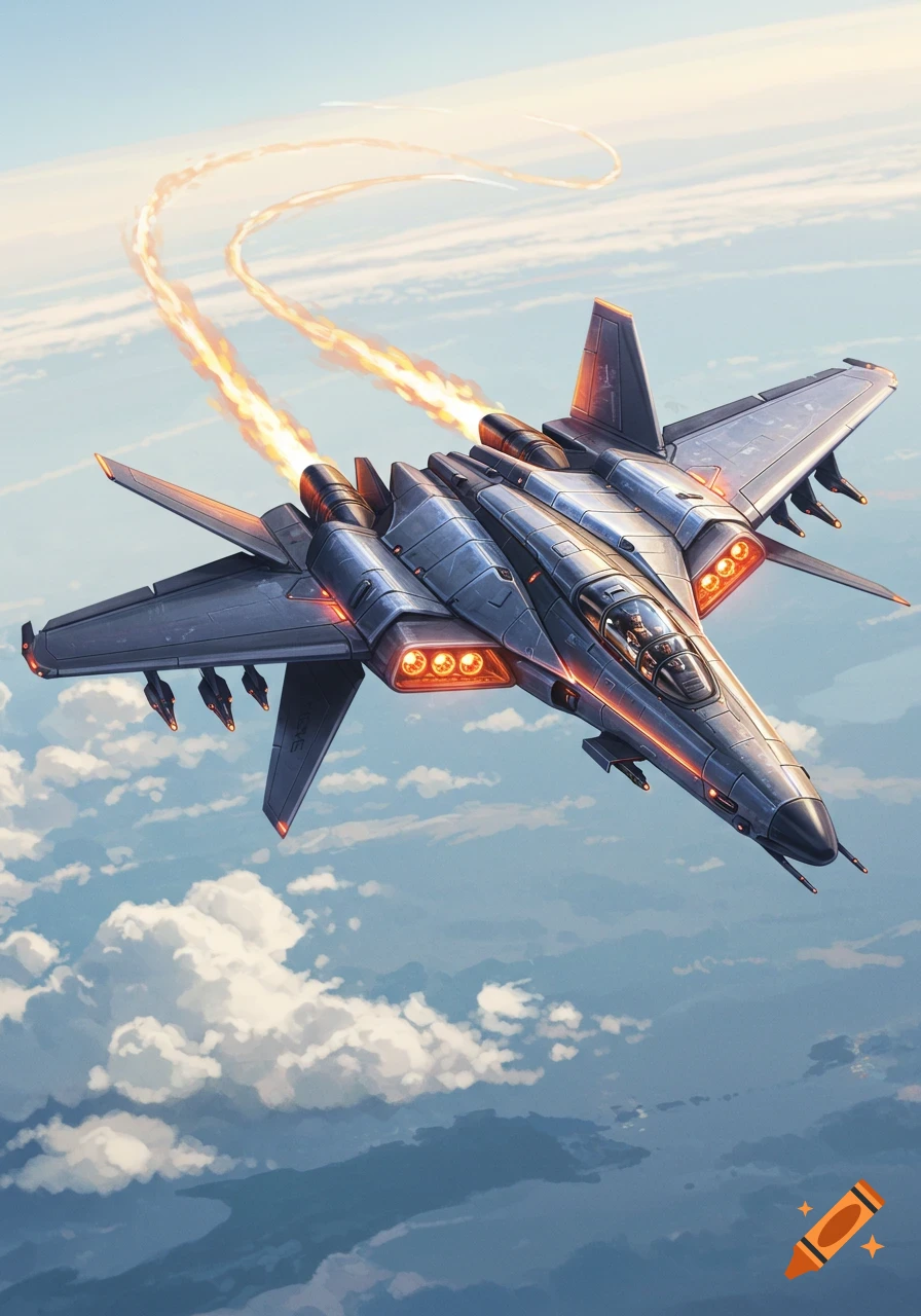 A futuristic grey bomber jet flying high in a blue sky with clouds, leaving a trail of fire from its engines.