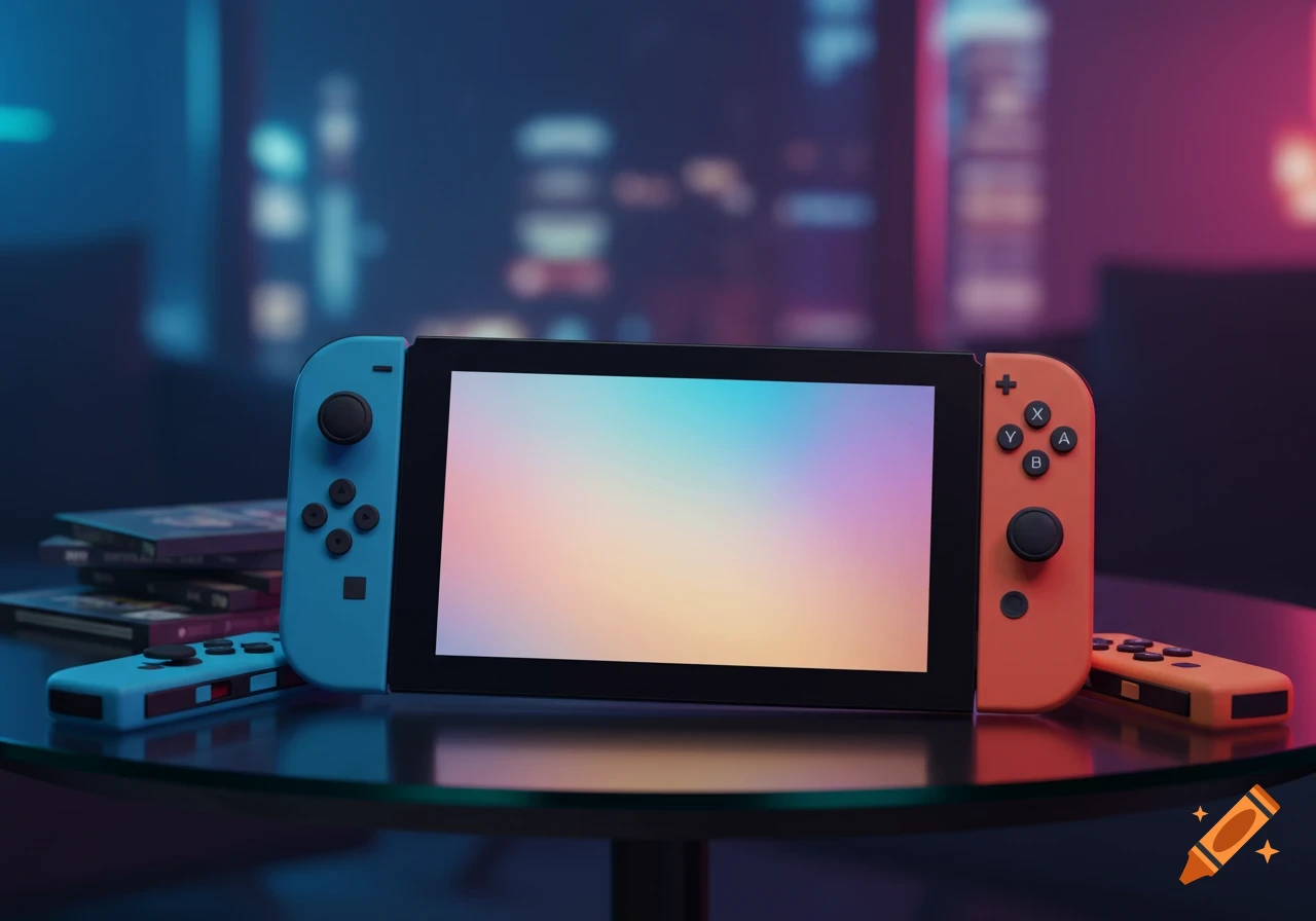 A photorealistic Nintendo Switch with blue and orange Joy-Cons on a reflective table in a neon-lit room.
