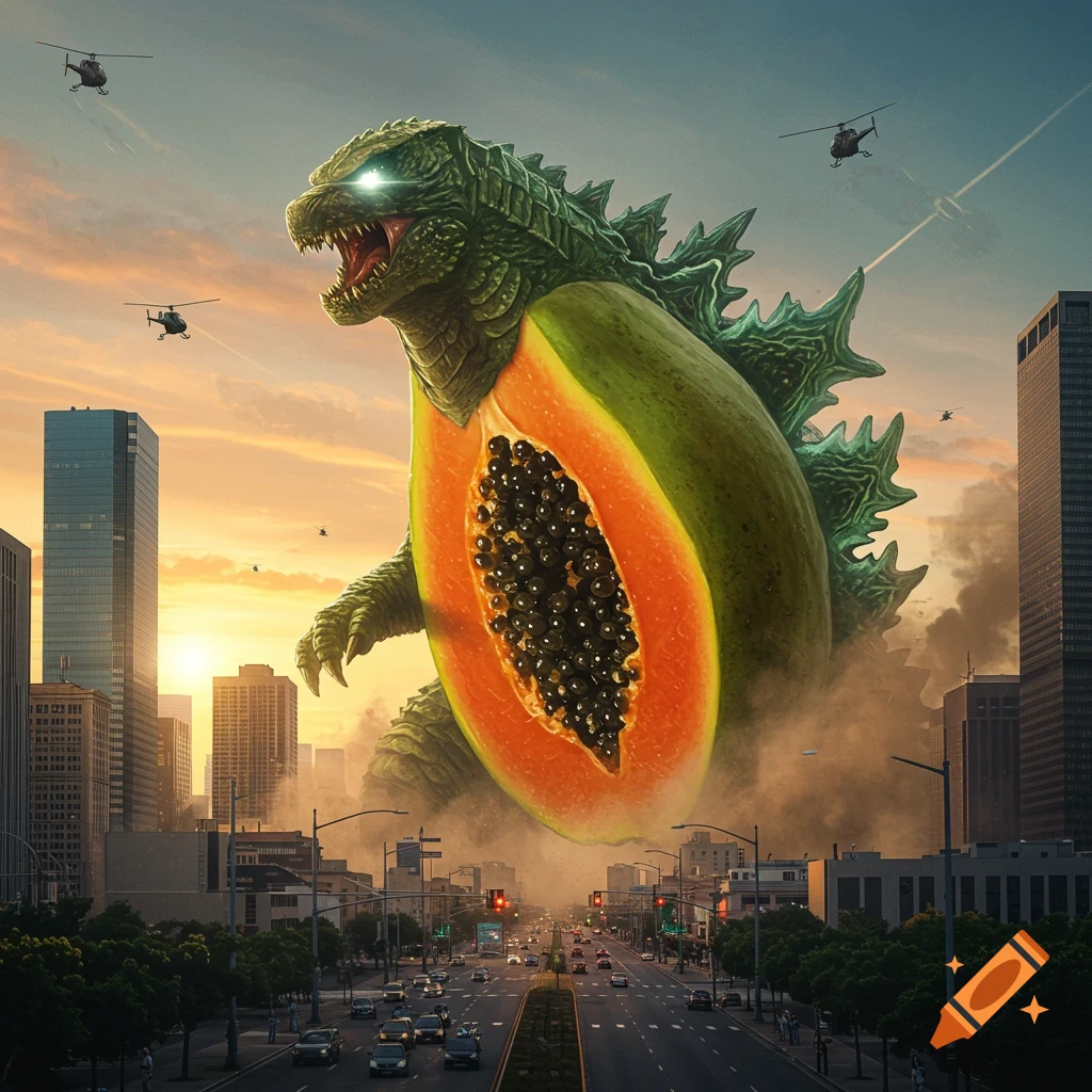 A giant Godzilla-like creature with a sliced papaya for a body stands over a city street at sunset, with helicopters circling.