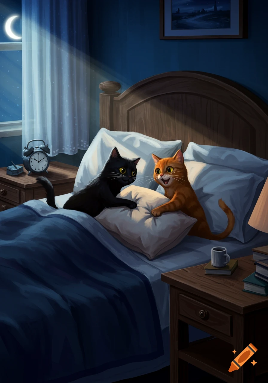 Two cats, one black and one orange, interact on a bed at night with moonlight streaming through the window in an illustrative style.