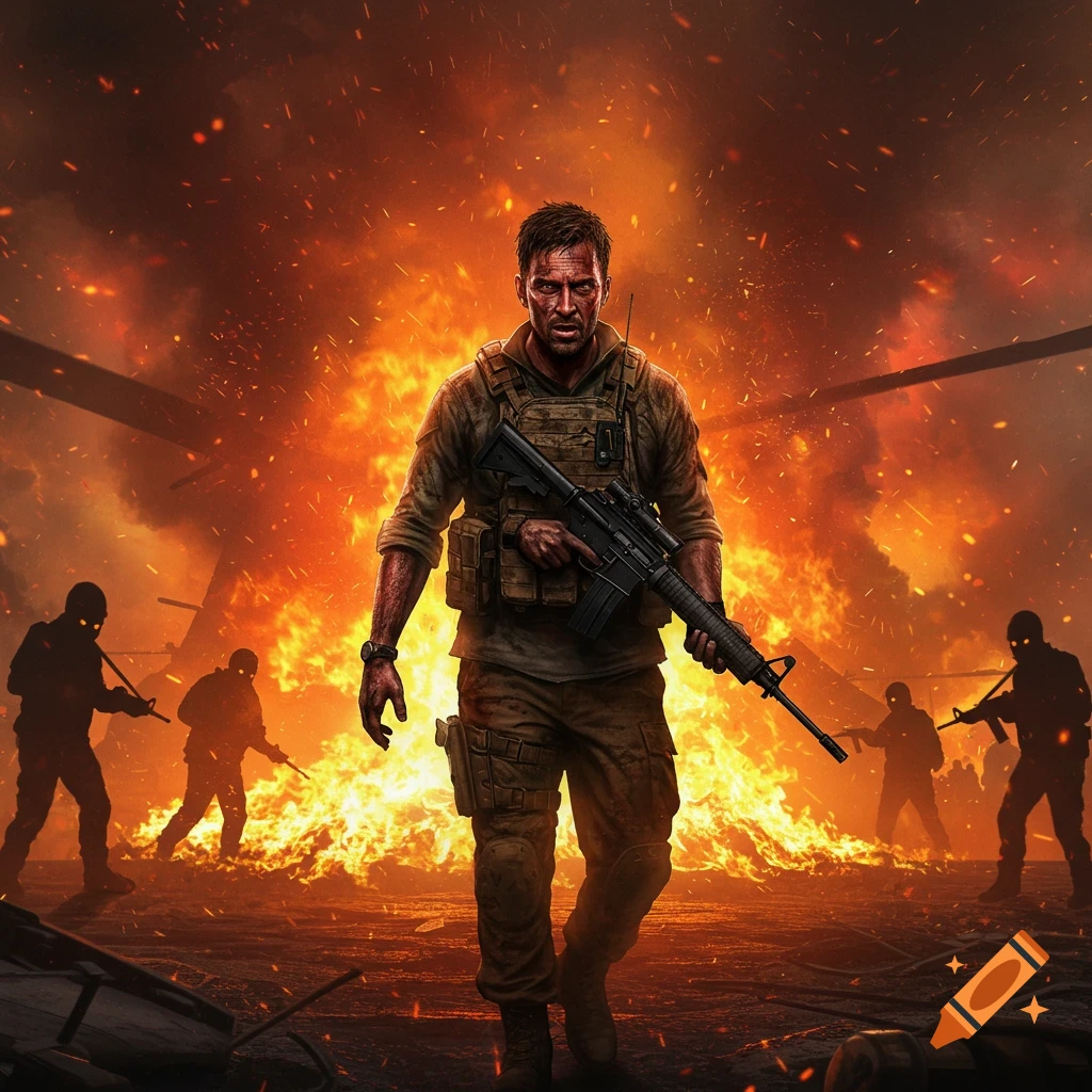 A determined soldier holding a rifle walks through a fiery battlefield with explosions and silhouetted figures in the background.