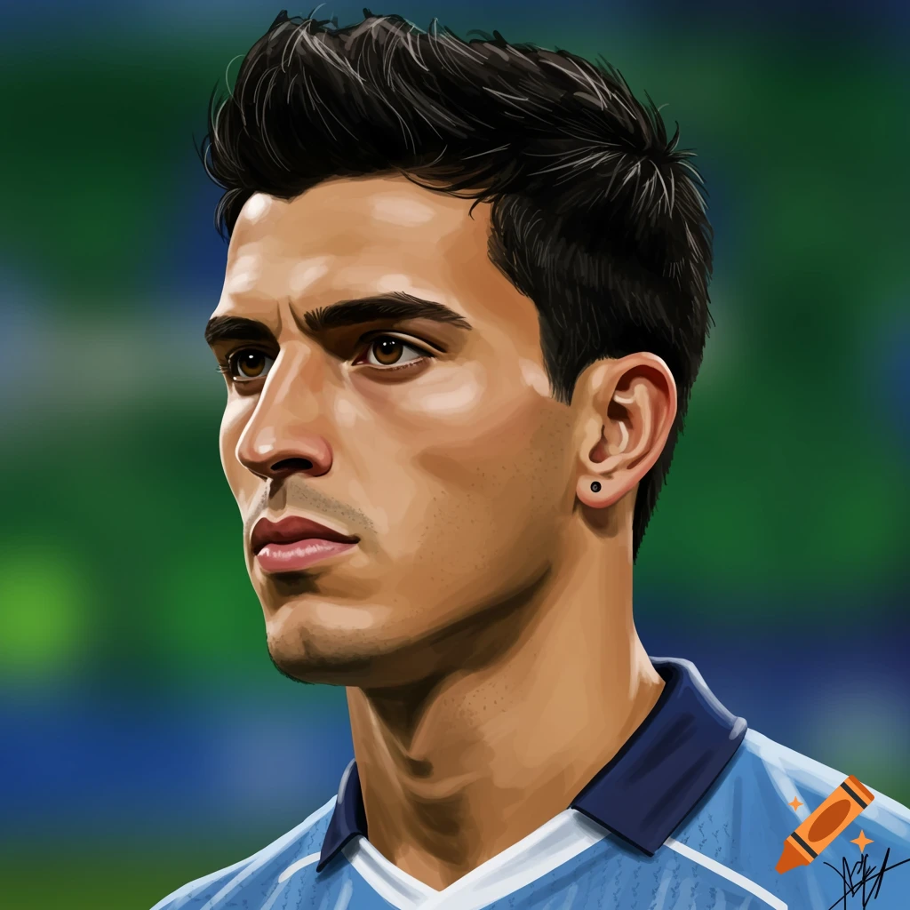 Digital painting headshot of a male football player with black hair, wearing a light blue jersey.