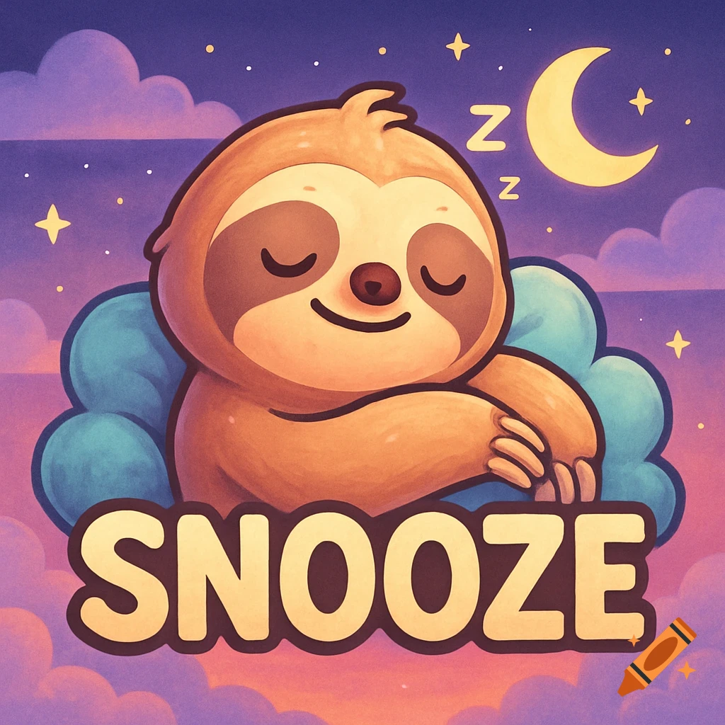 A cartoon sloth sleeping on a blue cloud under a purple night sky with stars and a crescent moon, with the word "SNOOZE" written below.