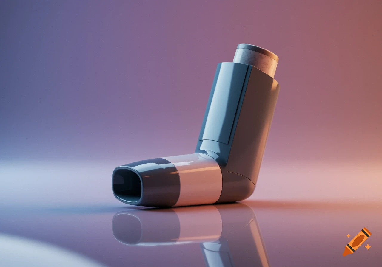 A photorealistic rendering of a dark gray and white medical inhaler on a reflective surface with a purple and orange gradient background.