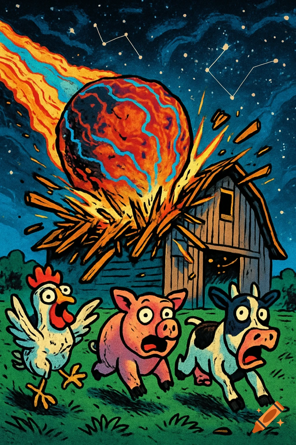 Cartoon of a fiery meteor crashing into a barn, with a chicken, pig, and cow running away scared under a starry sky.