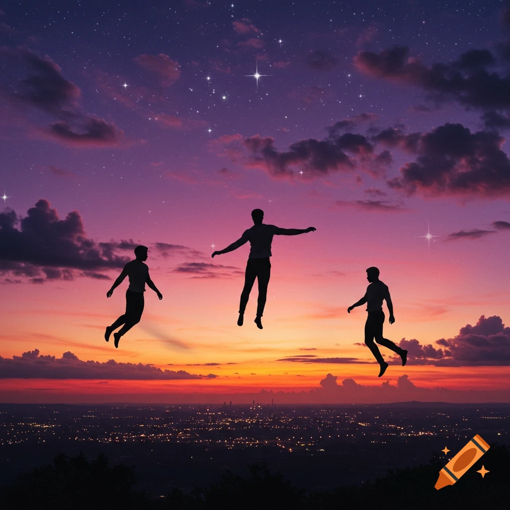 Silhouettes of three men float against a vibrant purple and orange sunset sky with stars and a city skyline.