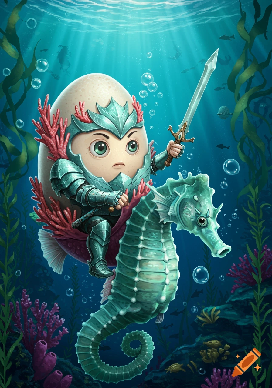 A cute egg knight in armor rides a seahorse underwater, holding a sword, ready for battle.