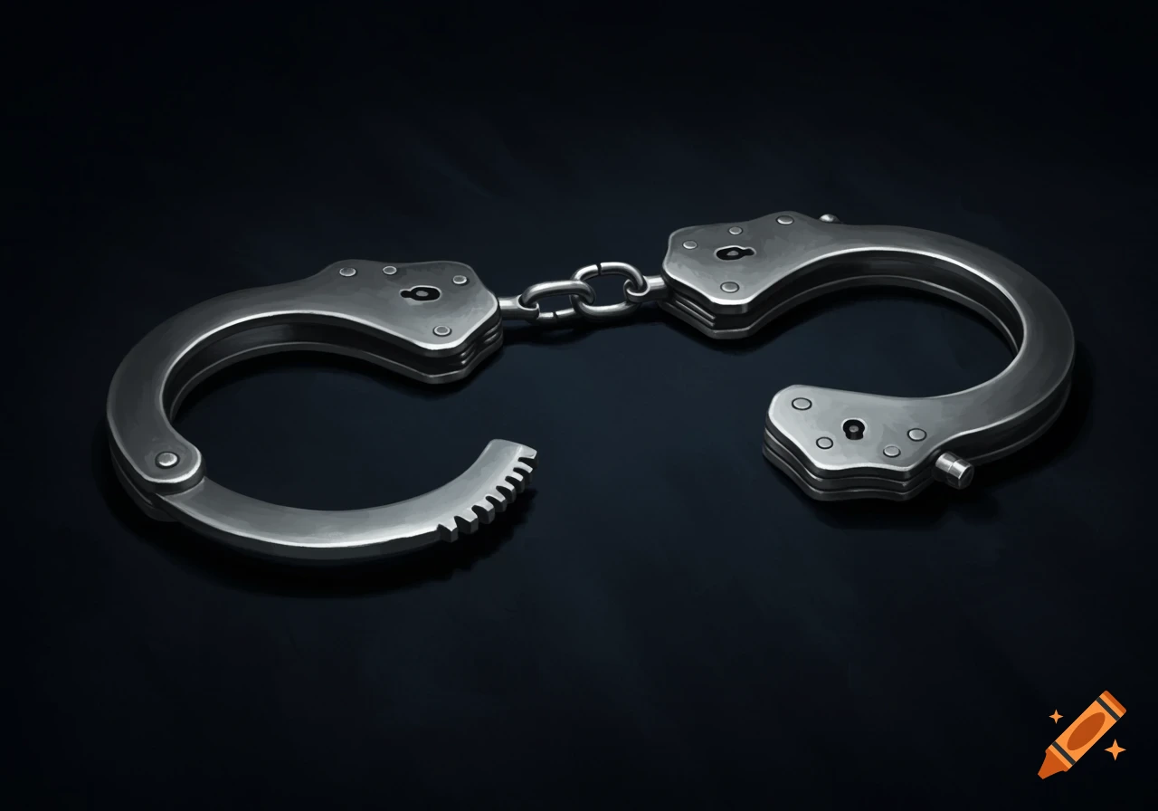 A pair of metal handcuffs lies on a dark, reflective surface.