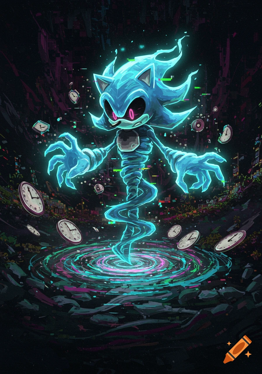 A glowing blue spectral Sonic-like creature with skeletal features floats above a swirling vortex of clocks and digital glitches.