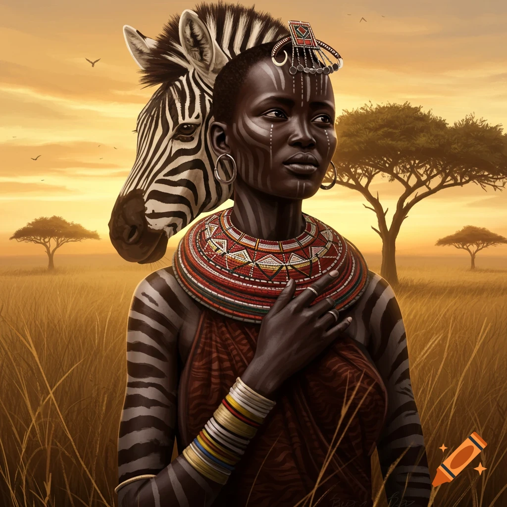 A beautiful Kenyan woman with tribal markings and a large, realistic zebra head behind her, standing in a savanna at sunset.